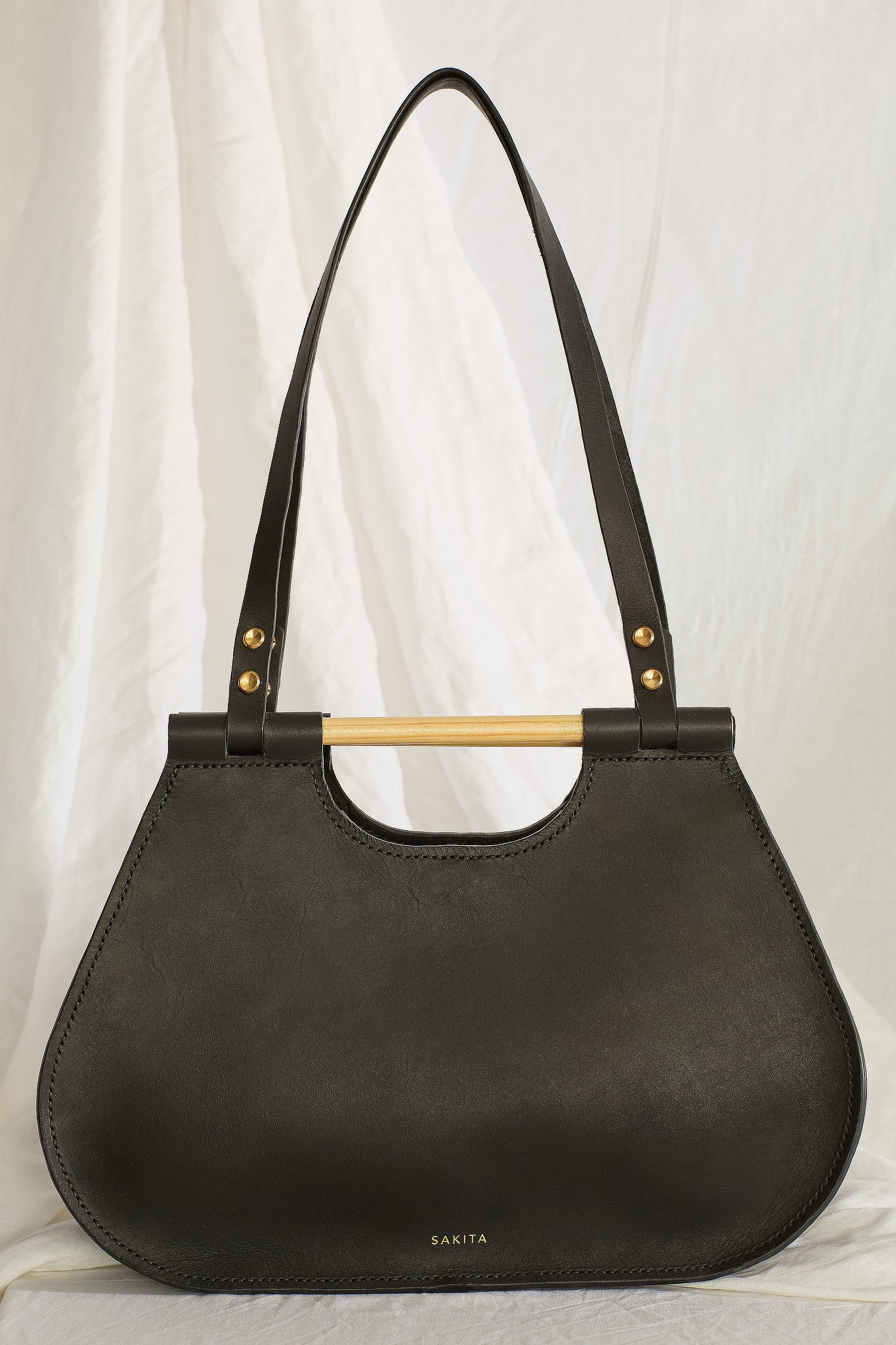Front view of the Ophelia leather tote bag in black